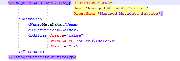 AutoSPInstallerInput.xml ManagedMetadataServiceApp section with Provision set to true and the MetaData database name