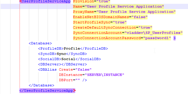 AutoSPInstallerInput.xml UserProfileServiceApp with StartProfileSync true, vladdev SP_UserProfiles sync account and Profile, Sync and Social databases