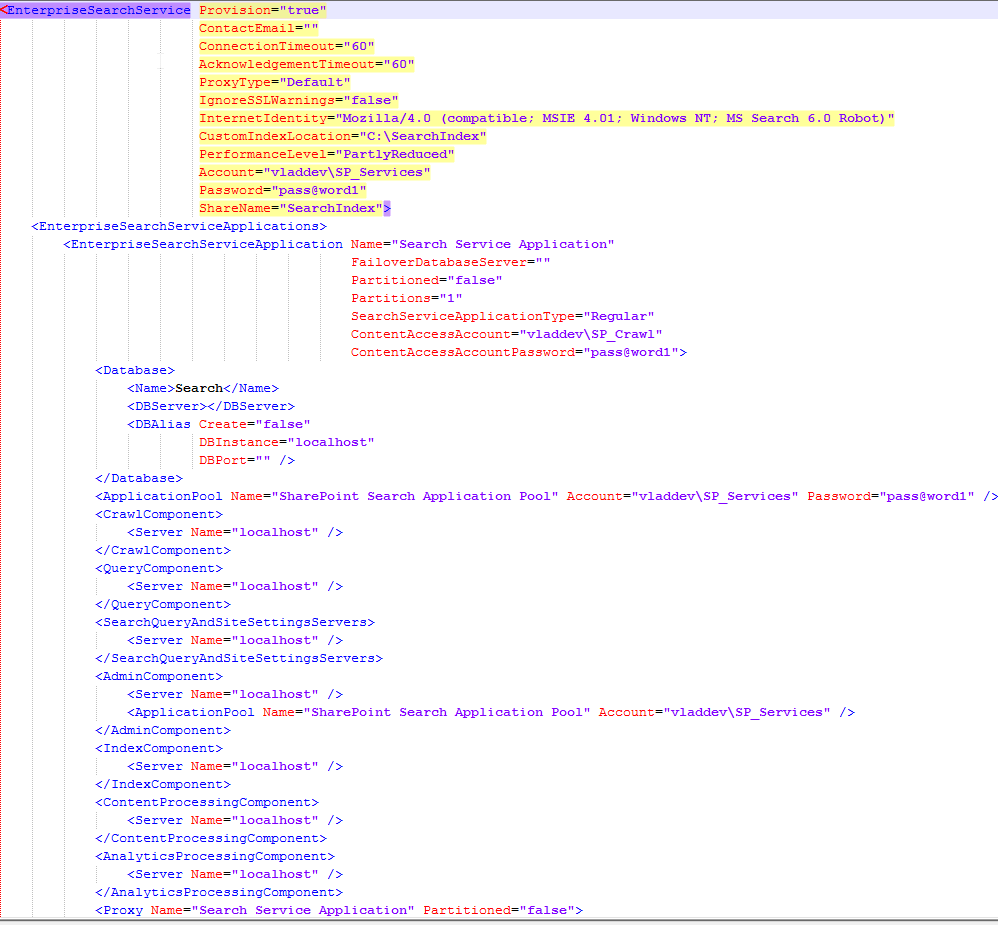 AutoSPInstallerInput.xml EnterpriseSearchService with C:\SearchIndex index location, SP_Services and SP_Crawl accounts and every component on localhost