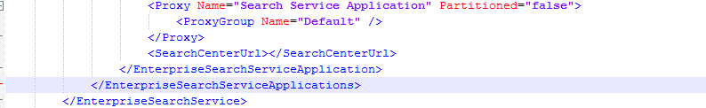 Closing lines of the EnterpriseSearchService section in AutoSPInstallerInput.xml with the Default proxy group and empty SearchCenterUrl