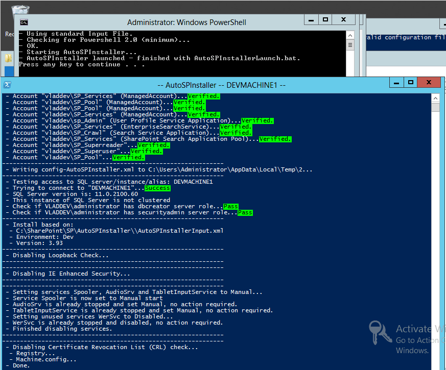 AutoSPInstaller launching on DEVMACHINE1, verifying vladdev managed accounts, testing SQL Server access and disabling loopback and CRL checks