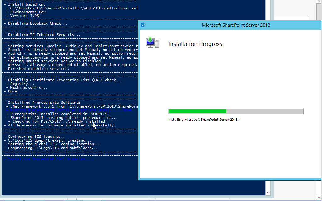 AutoSPInstaller console installing prerequisites alongside the Microsoft SharePoint Server 2013 Installation Progress dialog and its progress bar