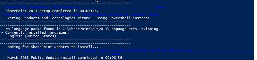 AutoSPInstaller console reporting SharePoint 2013 setup completed, no language packs found, and the March 2013 Public Update installed