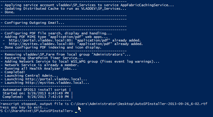 AutoSPInstaller console launching Central Admin, portal and mysites web applications, with Automated SP2013 install script completed at 7:42 PM