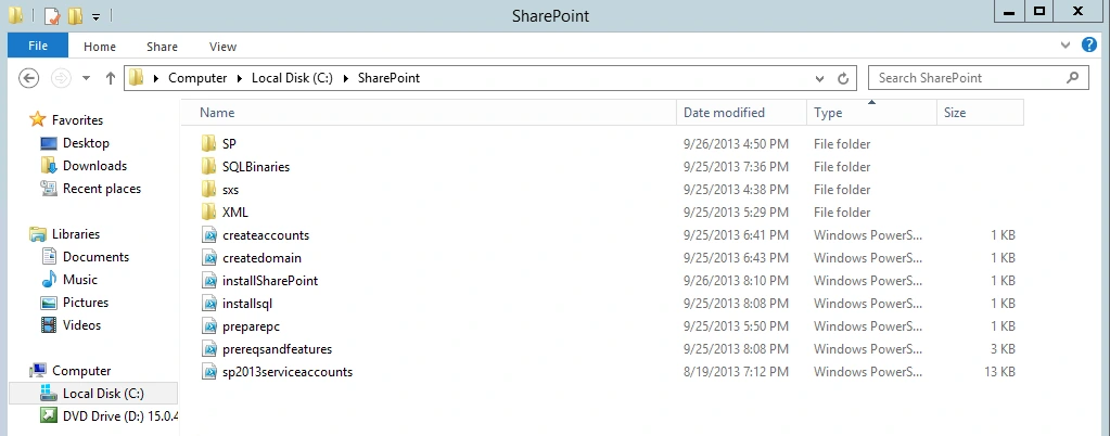 C:\SharePoint folder with SP, SQLBinaries, sxs and XML folders and the seven PowerShell scripts from createaccounts to sp2013serviceaccounts