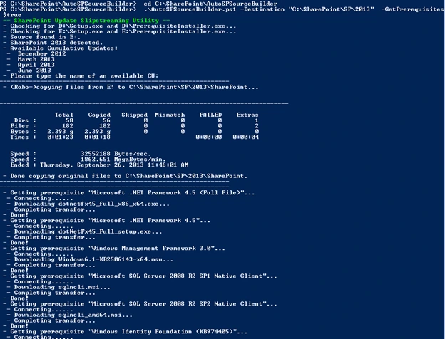 AutoSPSourceBuilder.ps1 PowerShell output copying SharePoint 2013 media from E: to C:\SharePoint\SP\2013 and downloading prerequisites