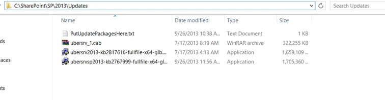 C:\SharePoint\SP\2013\Updates folder with ubersrv_1.cab and the March 2013 and August 2013 SharePoint 2013 update executables