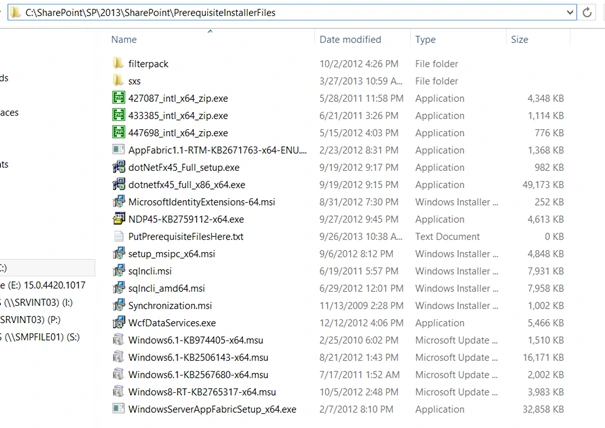C:\SharePoint\SP\2013\SharePoint\PrerequisiteInstallerFiles folder with downloaded dotNetFx45, AppFabric, sqlncli and WcfDataServices