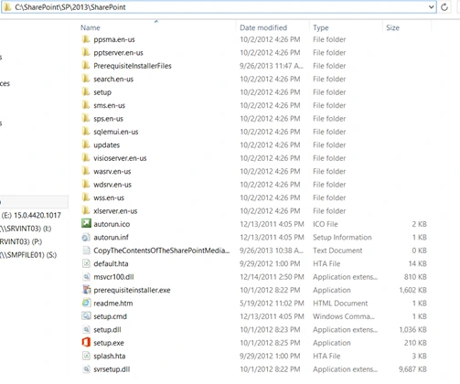 C:\SharePoint\SP\2013\SharePoint folder with the copied SharePoint 2013 media, PrerequisiteInstallerFiles and updates folders and setup.exe
