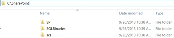 C:\SharePoint folder in File Explorer showing only the SP, SQLBinaries and sxs folders after the AutoSPSourceBuilder folder was deleted
