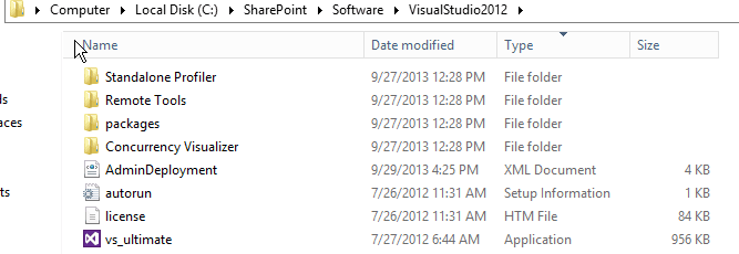 C:\SharePoint\Software\VisualStudio2012 folder with the copied Visual Studio 2012 install files, including AdminDeployment.xml and vs_ultimate.exe