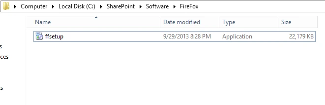 Windows Explorer showing the C:\SharePoint\Software\FireFox folder containing the ffsetup executable