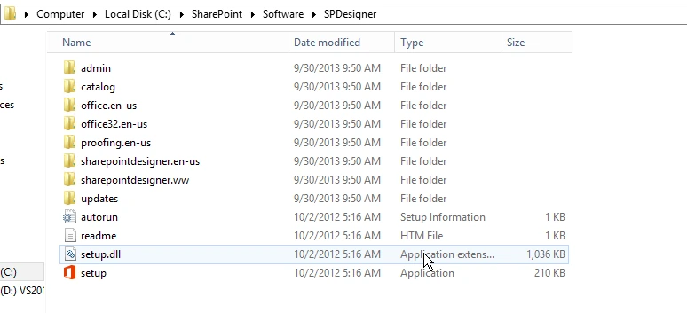 C:\SharePoint\Software\SPDesigner folder with the extracted SharePoint Designer 2013 setup files, including admin and updates folders and setup.exe