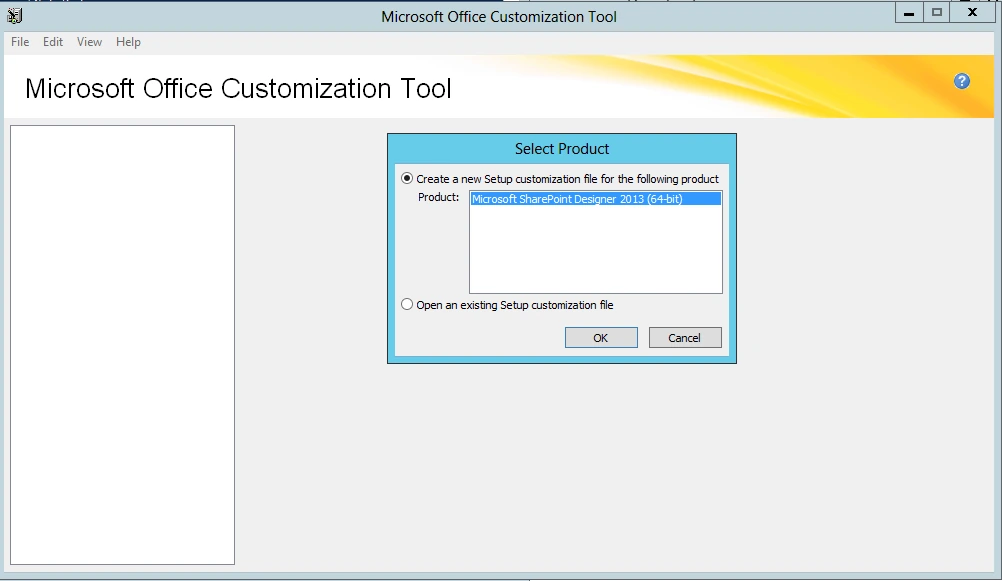 Office Customization Tool Select Product dialog with Microsoft SharePoint Designer 2013 (64-bit) selected for a new Setup customization file