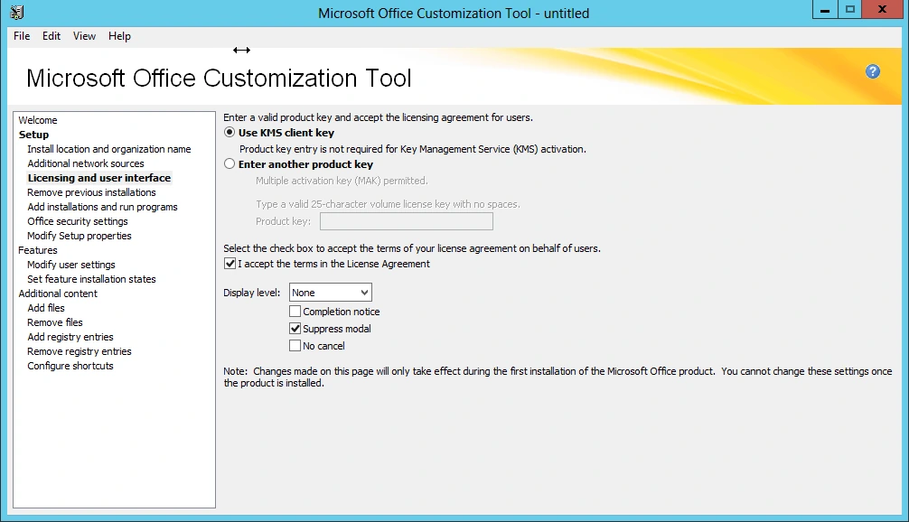 Office Customization Tool Licensing and user interface page with Use KMS client key selected, License Agreement accepted and Display level None