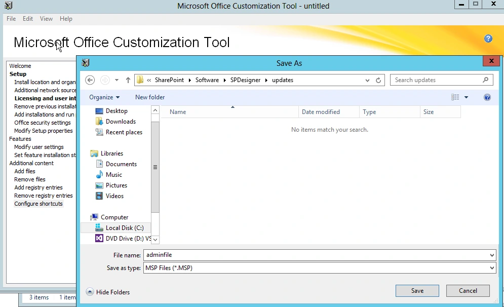 Save As dialog in the Microsoft Office Customization Tool saving adminfile as an MSP file into the SPDesigner\updates folder