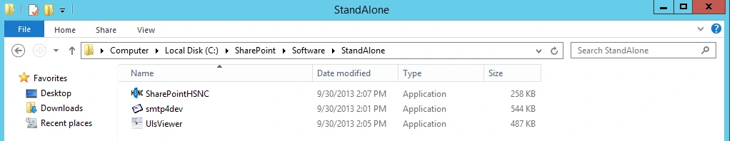 Windows Explorer showing the C:\SharePoint\Software\StandAlone folder with the SharePointHSNC, smtp4dev and UlsViewer applications