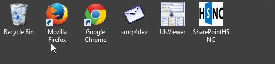 Windows desktop shortcuts for Mozilla Firefox, Google Chrome, smtp4dev, UlsViewer and SharePointHSNC next to the Recycle Bin