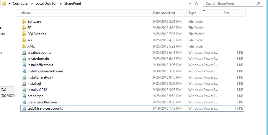 C:\SharePoint folder with Software, SP, SQLBinaries, sxs and XML folders and every install PowerShell script, including installvs2012
