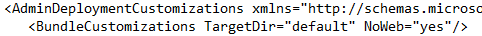 Visual Studio 2012 AdminDeployment.xml in a text editor with BundleCustomizations set to TargetDir default and NoWeb yes