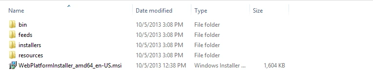 OfficeToolsForVS2012RTW folder with the bin, feeds, installers and resources subfolders and the WebPlatformInstaller_amd64_en-US.msi file