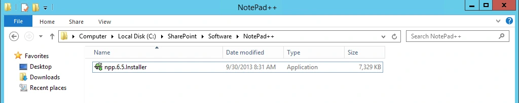Windows Explorer showing the C:\SharePoint\Software\NotePad++ folder containing the npp.6.5.Installer application