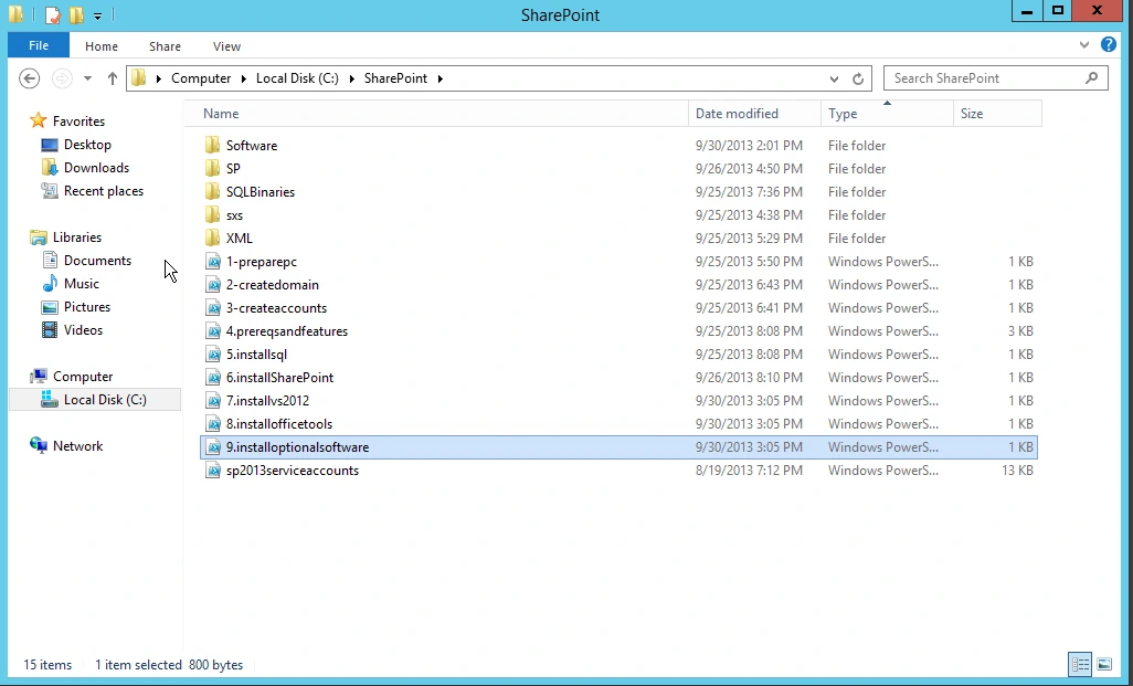 C:\SharePoint folder with PowerShell scripts numbered in run order, 1-preparepc to 9.installoptionalsoftware, sp2013serviceaccounts still unnumbered