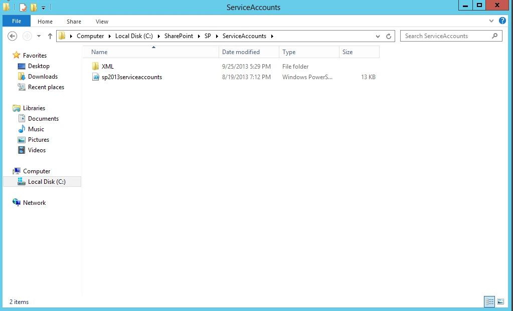 New C:\SharePoint\SP\ServiceAccounts folder containing the XML folder and the sp2013serviceaccounts PowerShell script