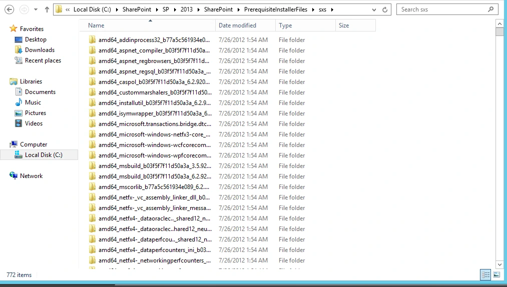 sxs folder with 772 items under C:\SharePoint\SP\2013\SharePoint\PrerequisiteInstallerFiles in File Explorer