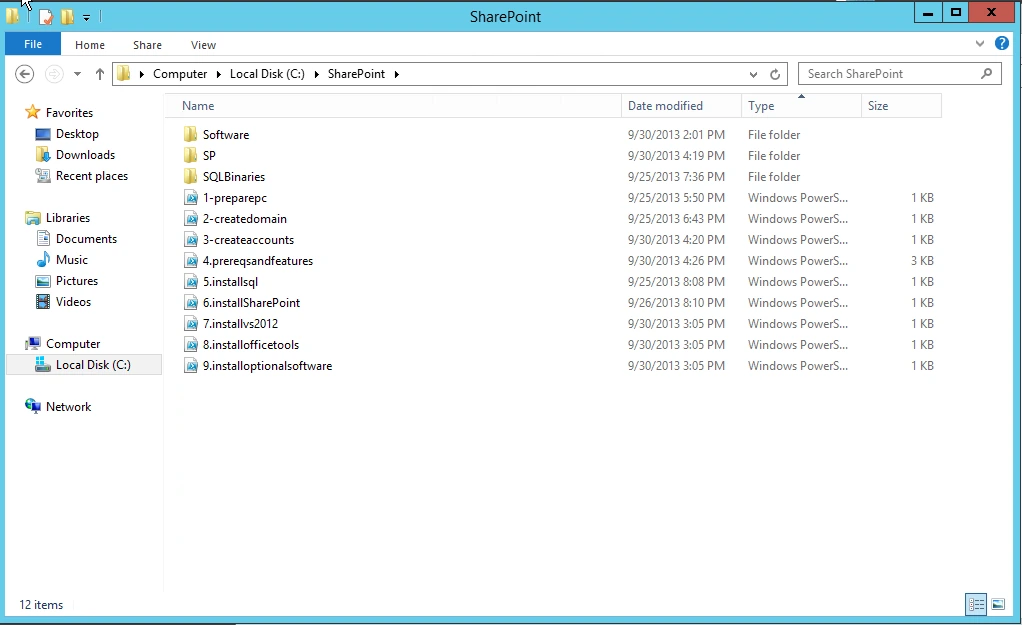 Clean C:\SharePoint folder with Software, SP and SQLBinaries folders and nine numbered PowerShell scripts ending at 9.installoptionalsoftware