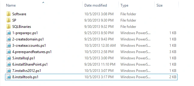 C:\SharePoint folder with PowerShell scripts 8 and 9 merged into a single 8.installtools.ps1 script