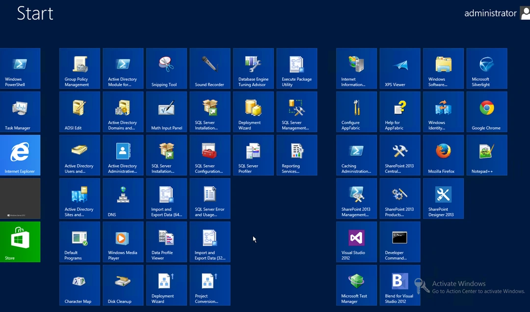 Windows Server 2012 Start screen with tiles for SQL Server, SharePoint 2013, Visual Studio 2012, Notepad++, Chrome and Firefox