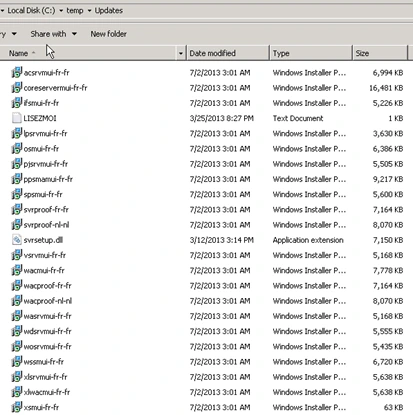 C:\temp\Updates folder listing the Service Pack 2 Windows Installer patch files for the French language pack, all dated 7/2/2013