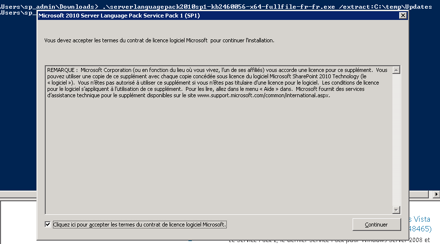 Microsoft 2010 Server Language Pack Service Pack 1 extractor showing French licence terms with the accept checkbox ticked and a Continuer button
