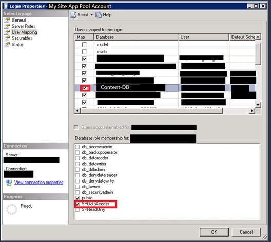 SQL Server Login Properties for the SharePoint My Site App Pool Account with Content-DB mapped and the SPDataAccess role checked