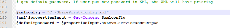 PowerShell code reading config.xml into $propertiesInput and setting $defaultpassword from autovm.serviceaccountpwd