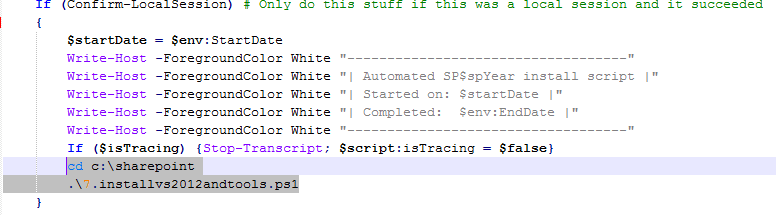 End of the prereqsandfeatures.ps1 script with the added cd c:\sharepoint and .\7.installvs2012andtools.ps1 lines highlighted