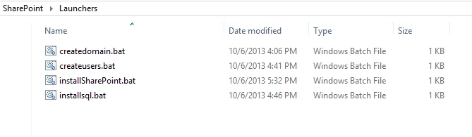 Launchers folder containing the createdomain, createusers, installSharePoint and installsql batch files