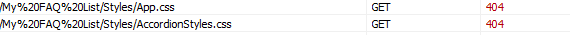 Network monitor showing two 404 GET responses for App.css and AccordionStyles.css in the My FAQ List Styles folder