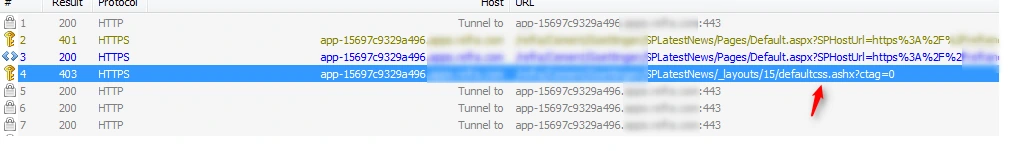 Fiddler session list with an arrow pointing at a 403 response for _layouts/15/defaultcss.ashx on the SharePoint app domain