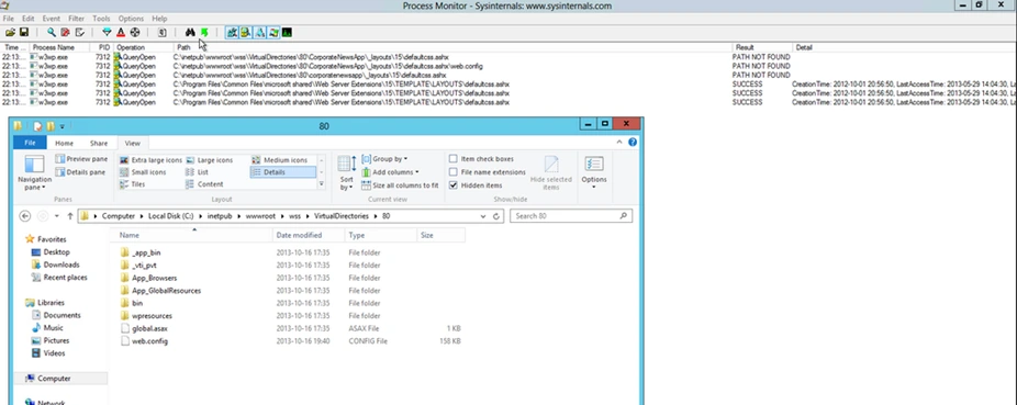 Process Monitor showing w3wp.exe opening defaultcss.ashx from the 15 hive with SUCCESS, above Windows Explorer on the web application inetpub folder