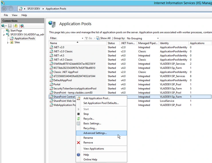 IIS Manager Application Pools with the right-click menu open on SharePoint Central Administration v4 and Advanced Settings highlighted