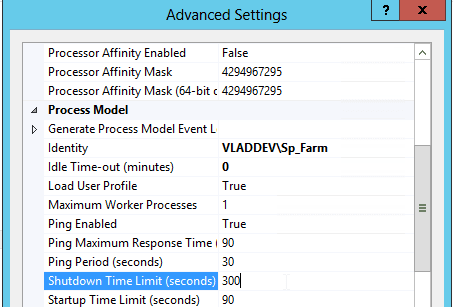 IIS Advanced Settings for the SharePoint Central Administration app pool with Process Model Shutdown Time Limit set to 300 seconds