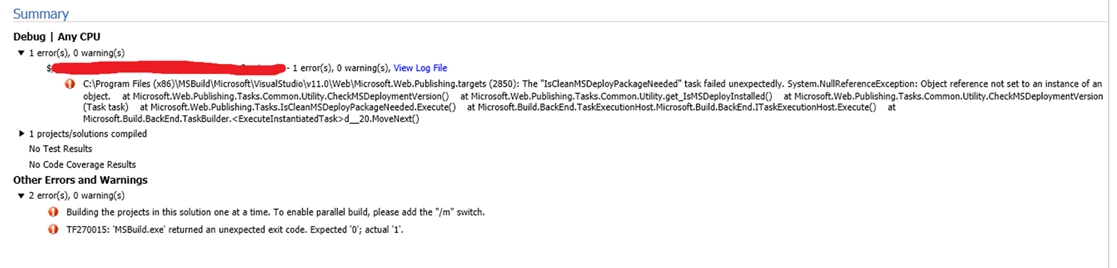 The isCleanMSDeployPackageNeeded task failed unexpectedly