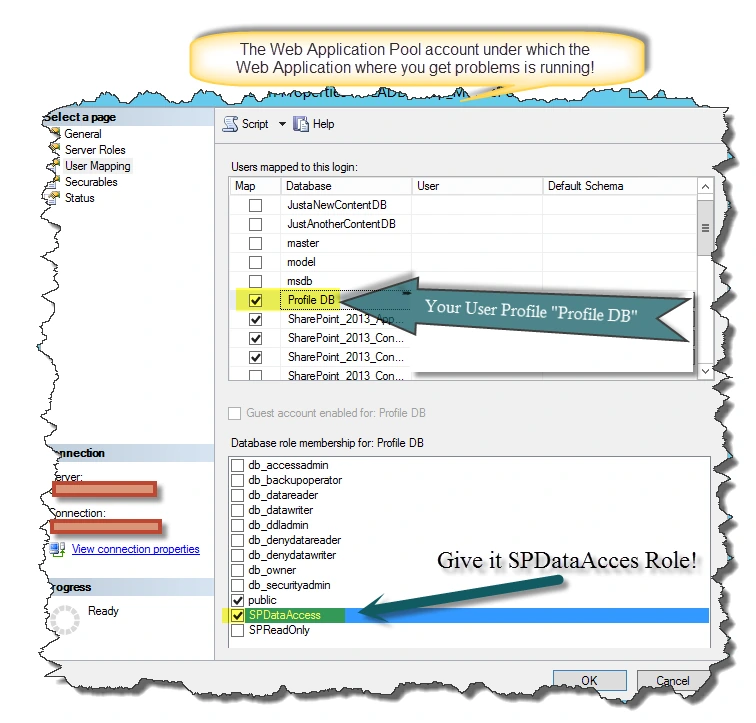 SQL Server Login Properties User Mapping page with Profile DB checked and SPDataAccess role granted to the app pool account