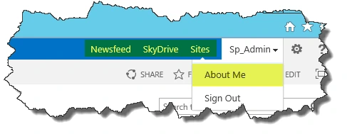 SharePoint 2013 suite bar showing Newsfeed, SkyDrive and Sites links and an About Me entry in the Sp_Admin user menu