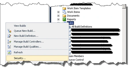 Right-click menu on the Builds node in Visual Studio Team Explorer with the Security option highlighted