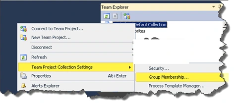 Right-click menu on DefaultCollection in Team Explorer with Team Project Collection Settings expanded and Group Membership highlighted