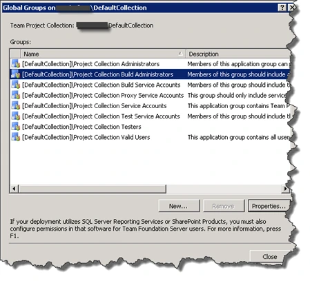 Global Groups dialog for DefaultCollection in TFS with the Project Collection Build Administrators group selected