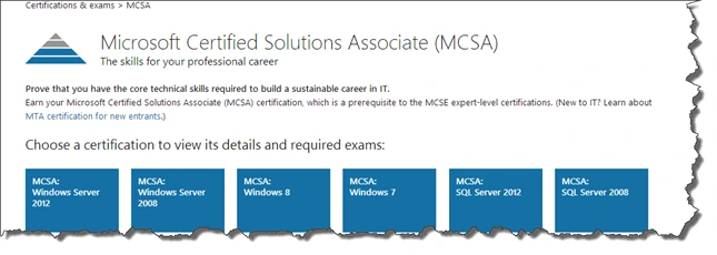 Microsoft Certified Solutions Associate page listing MCSA Windows Server, Windows and SQL Server, with no MCSA Office 365 yet